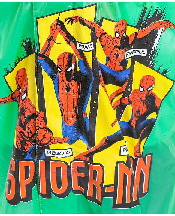 Babyhug Full Sleeves Hooded Raincoat With School Bag Provision Spider Man Print - Green Red
