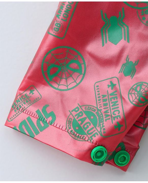 Babyhug Full Sleeves Hooded Raincoat With School Bag Provision Spider Man Print - Green Red