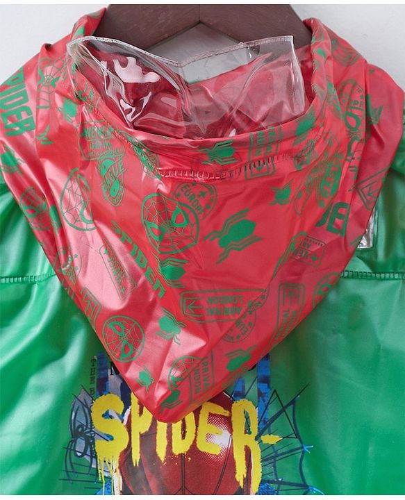 Babyhug Full Sleeves Hooded Raincoat With School Bag Provision Spider Man Print - Green Red