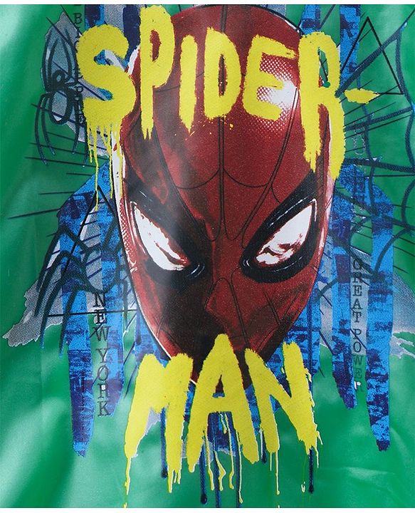 Babyhug Full Sleeves Hooded Raincoat With School Bag Provision Spider Man Print - Green Red