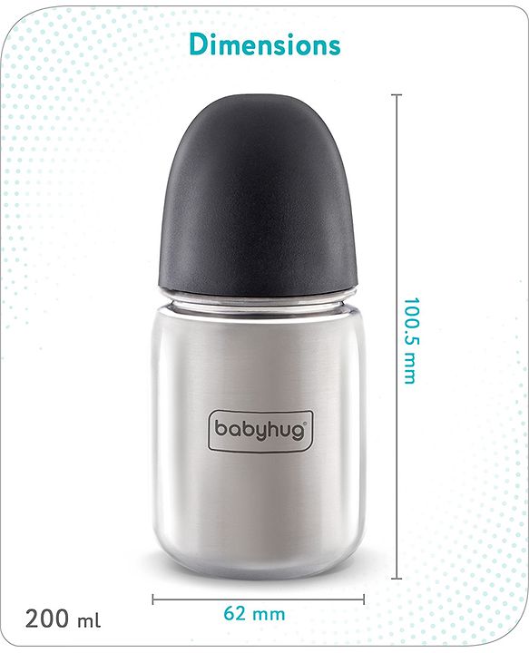 Babyhug Stainless Steel Feeding Bottle - 200 ml| Sterilizable| BPA Free| Leak Resistant| 304 Grade| Anti-Colic| Newborns & Toddlers| Corrosion Resistant| Use as Water Bottle| Wide Neck