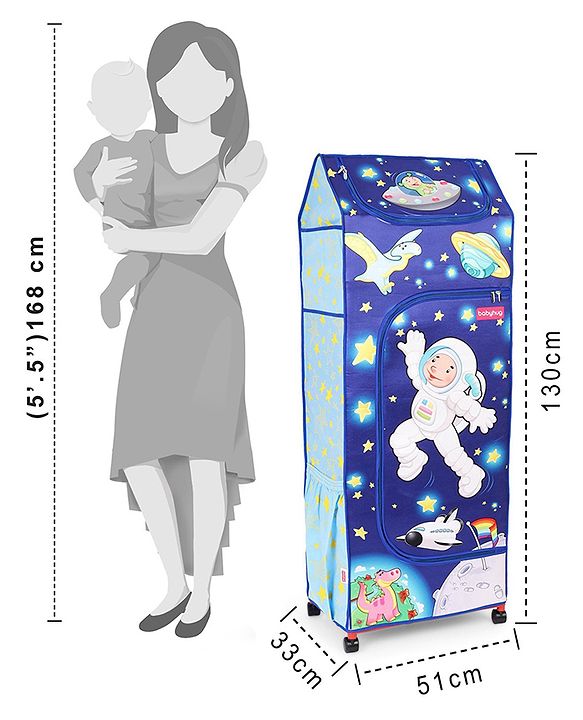 Babyhug Foldable 4 Shelved Almirah With Wheels Space Adventure Print - Dark Blue