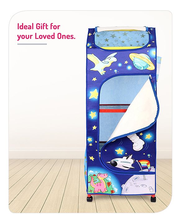 Babyhug Foldable 4 Shelved Almirah With Wheels Space Adventure Print - Dark Blue
