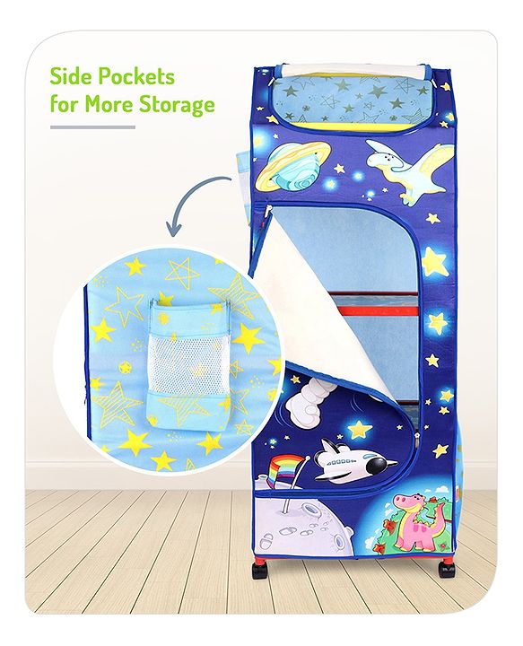 Babyhug Foldable 4 Shelved Almirah With Wheels Space Adventure Print - Dark Blue