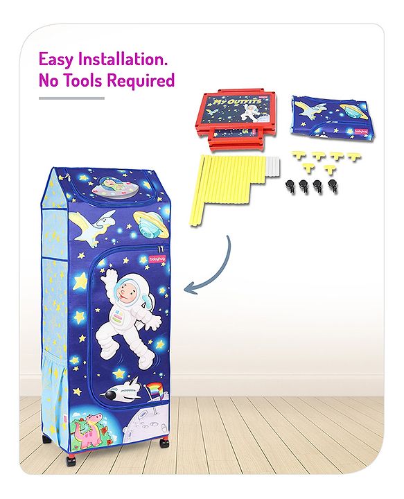 Babyhug Foldable 4 Shelved Almirah With Wheels Space Adventure Print - Dark Blue