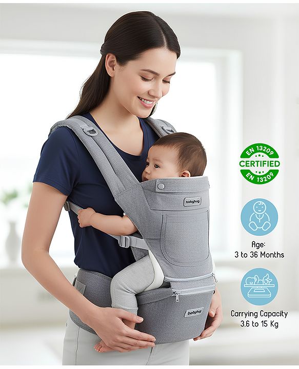 Babyhug Harmony 9-in-1 Ergonomic Baby Carrier with Hip Seat: Breathable fabric, Detachable hood, Padded straps, Pocket storage, and 9 carrying positions for babies up to 15 kg-Grey