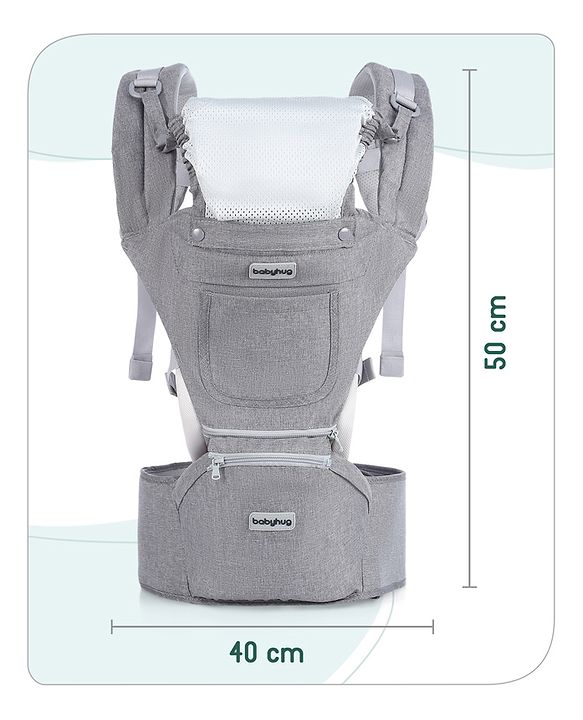 Babyhug Harmony 9-in-1 Ergonomic Baby Carrier with Hip Seat: Breathable fabric, Detachable hood, Padded straps, Pocket storage, and 9 carrying positions for babies up to 15 kg-Grey