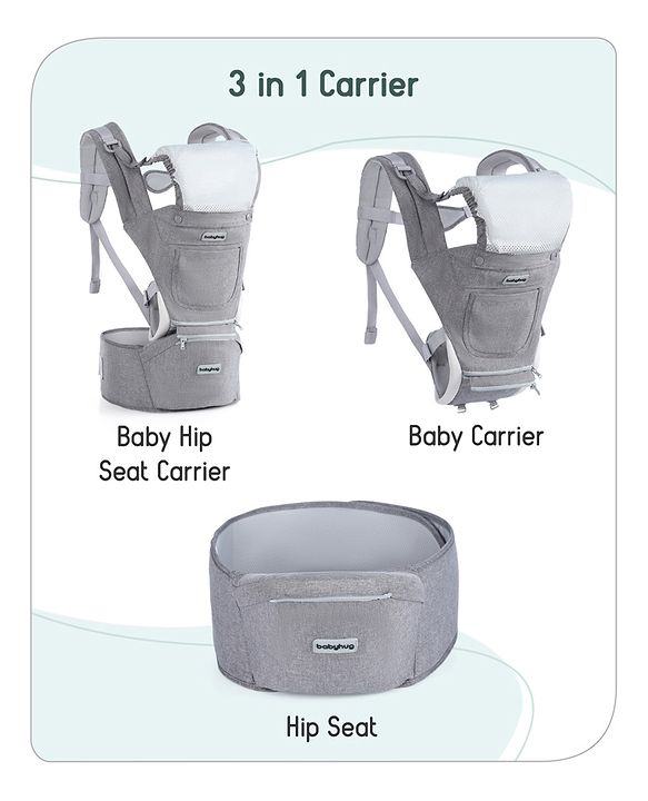 Babyhug Harmony 9-in-1 Ergonomic Baby Carrier with Hip Seat: Breathable fabric, Detachable hood, Padded straps, Pocket storage, and 9 carrying positions for babies up to 15 kg-Grey