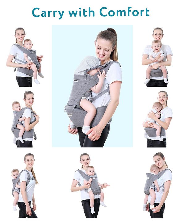Babyhug Harmony 9-in-1 Ergonomic Baby Carrier with Hip Seat: Breathable fabric, Detachable hood, Padded straps, Pocket storage, and 9 carrying positions for babies up to 15 kg-Grey