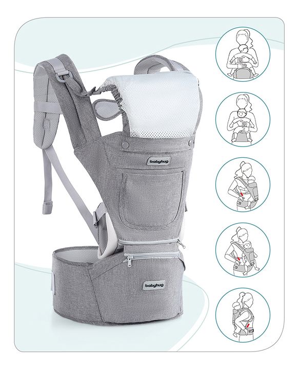 Babyhug Harmony 9-in-1 Ergonomic Baby Carrier with Hip Seat: Breathable fabric, Detachable hood, Padded straps, Pocket storage, and 9 carrying positions for babies up to 15 kg-Grey
