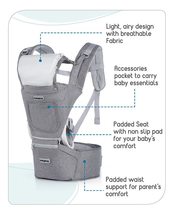 Babyhug Harmony 9-in-1 Ergonomic Baby Carrier with Hip Seat: Breathable fabric, Detachable hood, Padded straps, Pocket storage, and 9 carrying positions for babies up to 15 kg-Grey