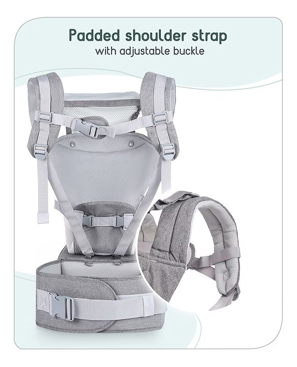 Babyhug Harmony 9-in-1 Ergonomic Baby Carrier with Hip Seat: Breathable fabric, Detachable hood, Padded straps, Pocket storage, and 9 carrying positions for babies up to 15 kg-Grey