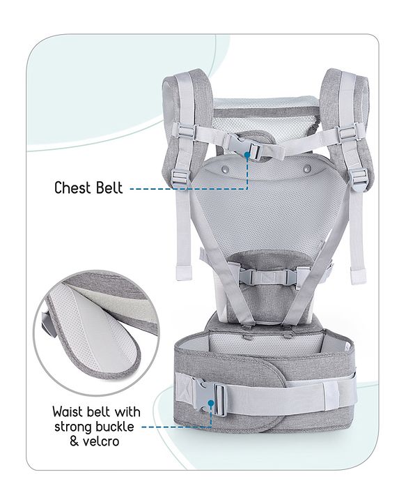 Babyhug Harmony 9-in-1 Ergonomic Baby Carrier with Hip Seat: Breathable fabric, Detachable hood, Padded straps, Pocket storage, and 9 carrying positions for babies up to 15 kg-Grey