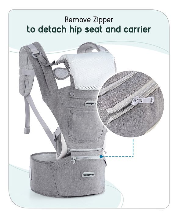Babyhug Harmony 9-in-1 Ergonomic Baby Carrier with Hip Seat: Breathable fabric, Detachable hood, Padded straps, Pocket storage, and 9 carrying positions for babies up to 15 kg-Grey