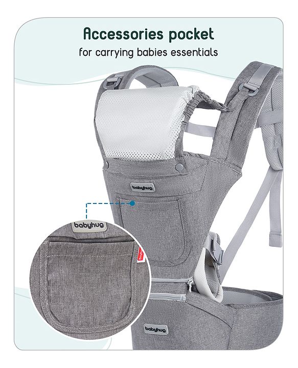 Babyhug Harmony 9-in-1 Ergonomic Baby Carrier with Hip Seat: Breathable fabric, Detachable hood, Padded straps, Pocket storage, and 9 carrying positions for babies up to 15 kg-Grey