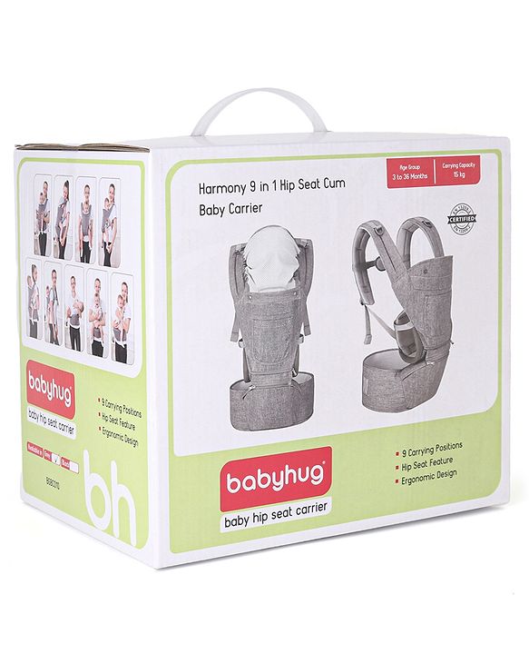 Babyhug Harmony 9-in-1 Ergonomic Baby Carrier with Hip Seat: Breathable fabric, Detachable hood, Padded straps, Pocket storage, and 9 carrying positions for babies up to 15 kg-Grey