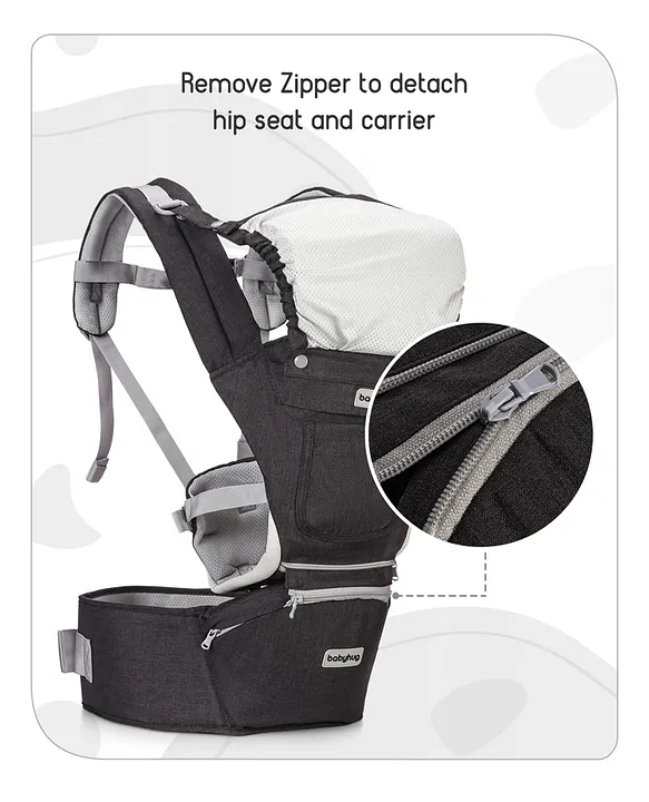 Babyhug Harmony 9 in 1 Ergonomic Baby Carrier with Hip Seat Breathable fabric Detachable hood Padded straps Pocket storage and 9 carrying positions for babies up to 15 kg Black Online in India Buy at