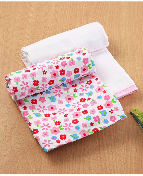 Babyhug 3 in 1 Premium Baby Cotton Muslin Wrapper Cum Swaddle Floral Print Pack of 2  - Pink