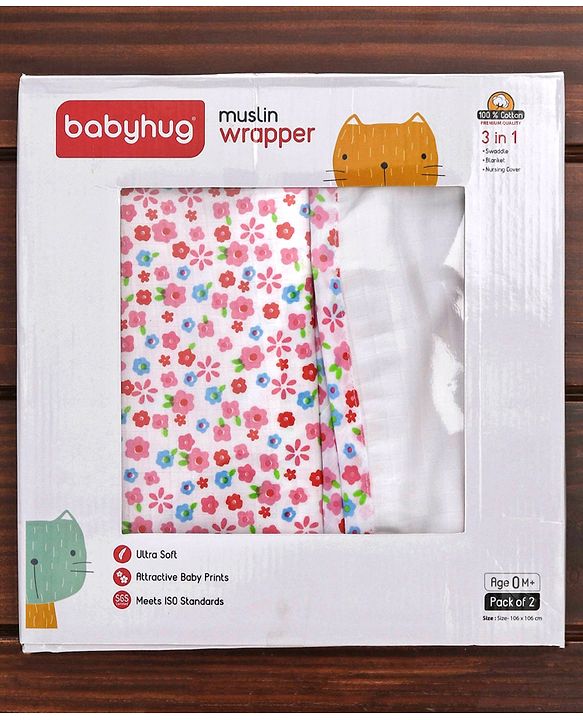 Babyhug 3 in 1 Premium Baby Cotton Muslin Wrapper Cum Swaddle Floral Print Pack of 2  - Pink