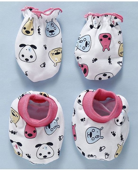 Babyhug Cotton Mittens & Booties Set Cartoon Print - Pink