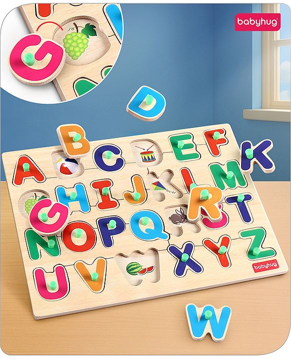 Babyhug Premium 26 pcs Capital Alphabet Wooden Board puzzle for Toddlers| ABC Puzzle Montessori Educational and Learning Toy | Shape Matching Puzzle |Preschool Colorful Knob and Peg Puzzle| BIS Certified| 18+ months