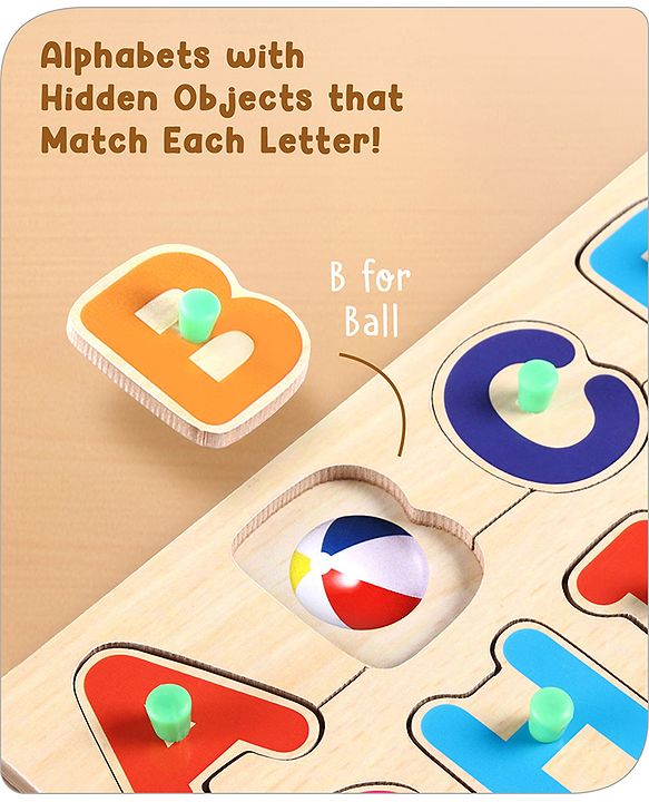 Babyhug Premium 26 pcs Capital Alphabet Wooden Board puzzle for Toddlers| ABC Puzzle Montessori Educational and Learning Toy | Shape Matching Puzzle |Preschool Colorful Knob and Peg Puzzle| BIS Certified| 18+ months