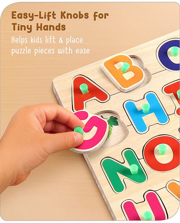 Babyhug Premium 26 pcs Capital Alphabet Wooden Board puzzle for Toddlers| ABC Puzzle Montessori Educational and Learning Toy | Shape Matching Puzzle |Preschool Colorful Knob and Peg Puzzle| BIS Certified| 18+ months