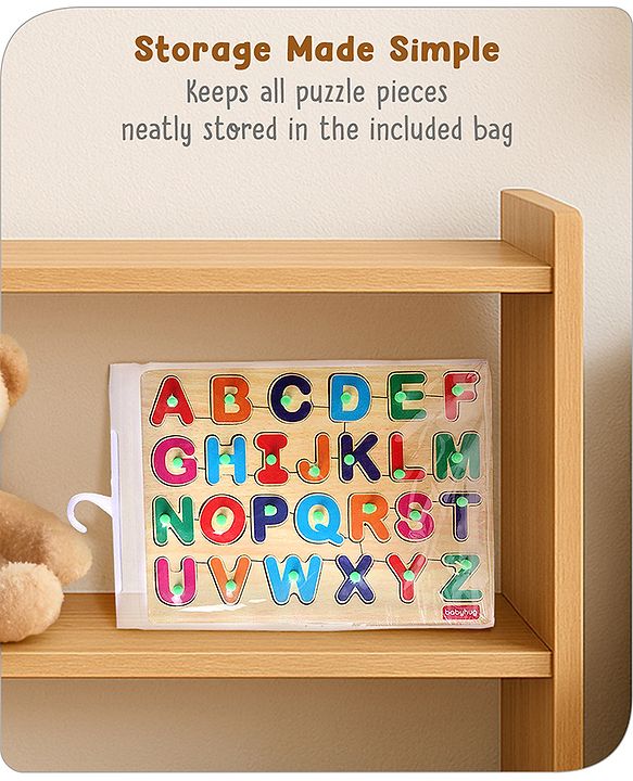 Babyhug Premium 26 pcs Capital Alphabet Wooden Board puzzle for Toddlers| ABC Puzzle Montessori Educational and Learning Toy | Shape Matching Puzzle |Preschool Colorful Knob and Peg Puzzle| BIS Certified| 18+ months