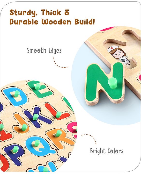 Babyhug Premium 26 pcs Capital Alphabet Wooden Board puzzle for Toddlers| ABC Puzzle Montessori Educational and Learning Toy | Shape Matching Puzzle |Preschool Colorful Knob and Peg Puzzle| BIS Certified| 18+ months