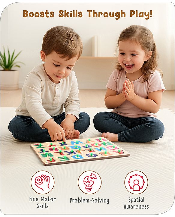 Babyhug Premium 26 pcs Capital Alphabet Wooden Board puzzle for Toddlers| ABC Puzzle Montessori Educational and Learning Toy | Shape Matching Puzzle |Preschool Colorful Knob and Peg Puzzle| BIS Certified| 18+ months