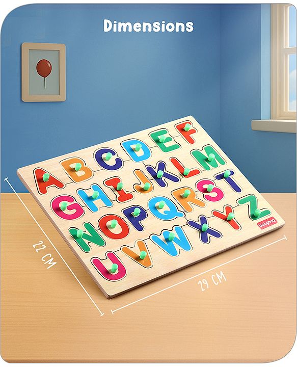 Babyhug Premium 26 pcs Capital Alphabet Wooden Board puzzle for Toddlers| ABC Puzzle Montessori Educational and Learning Toy | Shape Matching Puzzle |Preschool Colorful Knob and Peg Puzzle| BIS Certified| 18+ months
