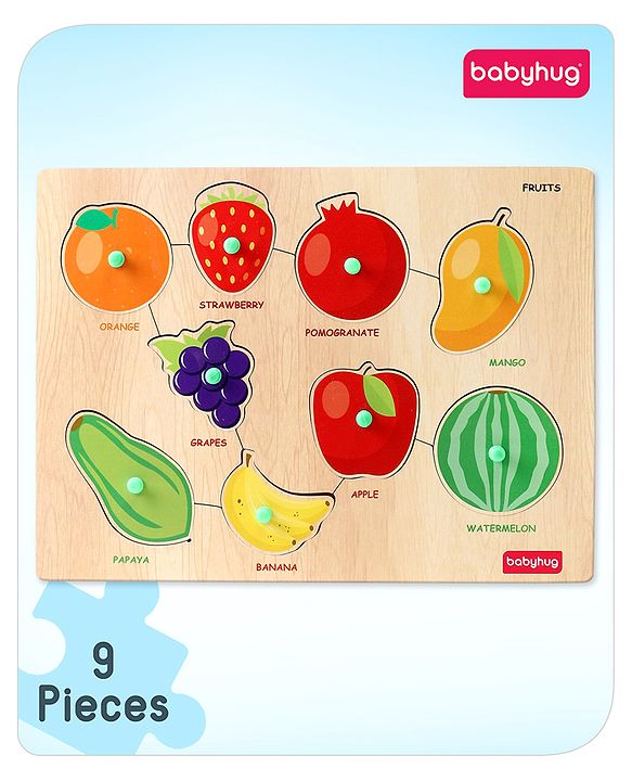 Babyhug Premium 9 pcs Wooden Board Fruit puzzle for Toddlers| Montessori Educational and Learning Toy | Shape Matching Puzzle |Preschool Colorful Knob and Peg Puzzle| BIS Certified| 18+ months