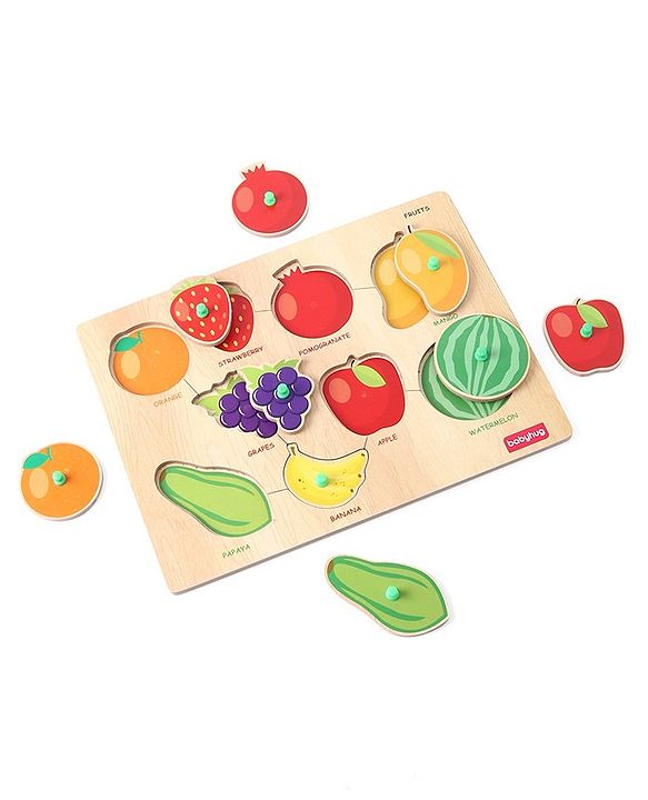 Babyhug Premium 9 pcs Wooden Board Fruit puzzle for Toddlers| Montessori Educational and Learning Toy | Shape Matching Puzzle |Preschool Colorful Knob and Peg Puzzle| BIS Certified| 18+ months