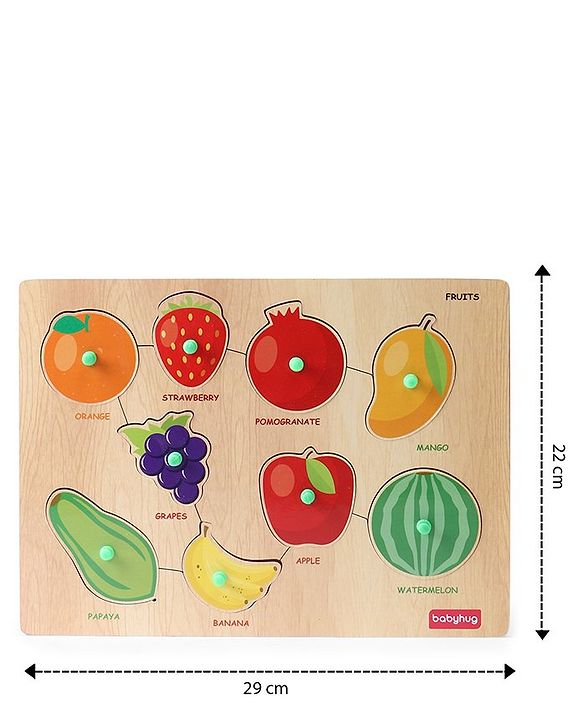 Babyhug Premium 9 pcs Wooden Board Fruit puzzle for Toddlers| Montessori Educational and Learning Toy | Shape Matching Puzzle |Preschool Colorful Knob and Peg Puzzle| BIS Certified| 18+ months
