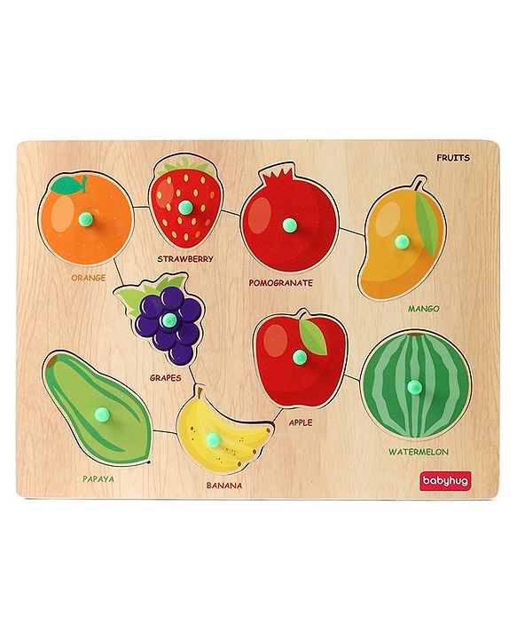 Babyhug Premium 9 pcs Wooden Board Fruit puzzle for Toddlers| Montessori Educational and Learning Toy | Shape Matching Puzzle |Preschool Colorful Knob and Peg Puzzle| BIS Certified| 18+ months