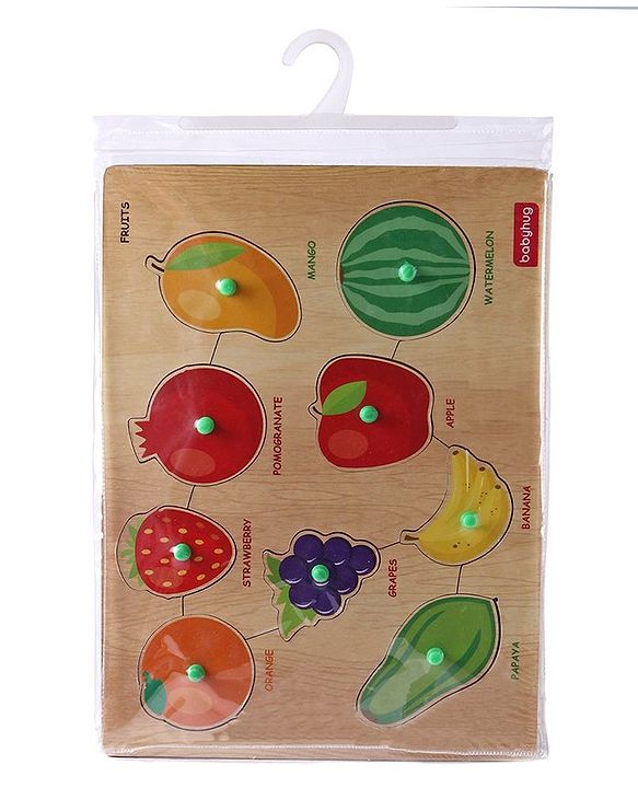 Babyhug Premium 9 pcs Wooden Board Fruit puzzle for Toddlers| Montessori Educational and Learning Toy | Shape Matching Puzzle |Preschool Colorful Knob and Peg Puzzle| BIS Certified| 18+ months