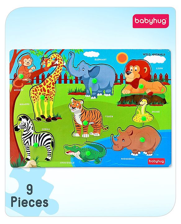 Babyhug Premium 9 pcs Wooden Board Wild Animals puzzle for Toddlers| Montessori Educational and Learning Toy | Shape Matching Puzzle |Preschool Colorful Knob and Peg Puzzle| BIS Certified| 18+ months