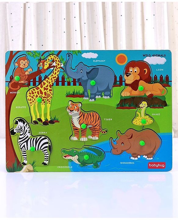 Babyhug Premium 9 pcs Wooden Board Wild Animals puzzle for Toddlers| Montessori Educational and Learning Toy | Shape Matching Puzzle |Preschool Colorful Knob and Peg Puzzle| BIS Certified| 18+ months