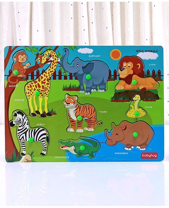 Babyhug Premium 9 pcs Wooden Board Wild Animals puzzle for Toddlers| Montessori Educational and Learning Toy | Shape Matching Puzzle |Preschool Colorful Knob and Peg Puzzle| BIS Certified| 18+ months