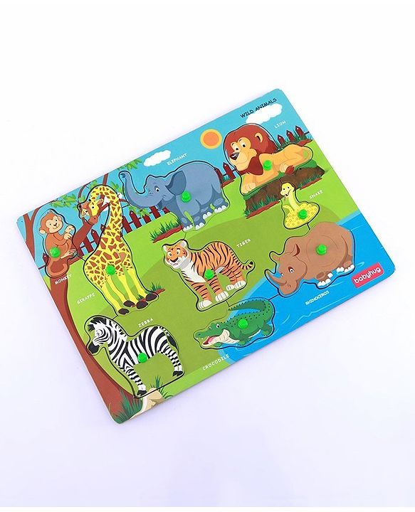 Babyhug Premium 9 pcs Wooden Board Wild Animals puzzle for Toddlers| Montessori Educational and Learning Toy | Shape Matching Puzzle |Preschool Colorful Knob and Peg Puzzle| BIS Certified| 18+ months