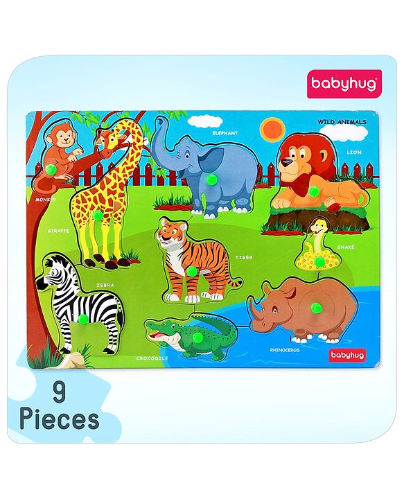 Babyhug Premium 9 pcs Wooden Board Wild Animals puzzle for Toddlers| Montessori Educational and Learning Toy | Shape Matching Puzzle |Preschool Colorful Knob and Peg Puzzle| BIS Certified| 18+ months