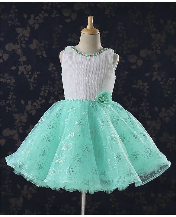 Babyhug Sleeveless Party Frock Pearl Embellishments & Floral Print - Green - 12-18 M Green