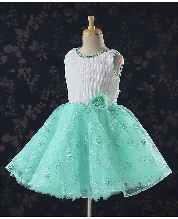 Babyhug Sleeveless Party Frock Pearl Embellishments & Floral Print - Green - 12-18 M Green