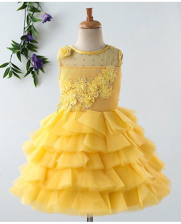 Babyhug Sleeveless Net Layered Party Frock   - Yellow