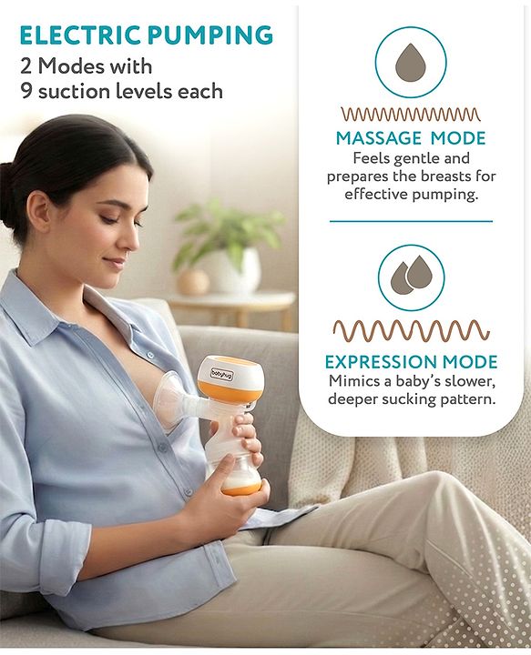 Babyhug Portable 2 in 1 Electric & Manual Breast Pump| Last Used Memory| 2 Modes| 9 Levels Each| Rechargeable & Direct Power| Anti Back Flow| Digital LED Touch| Thermosensitive Base