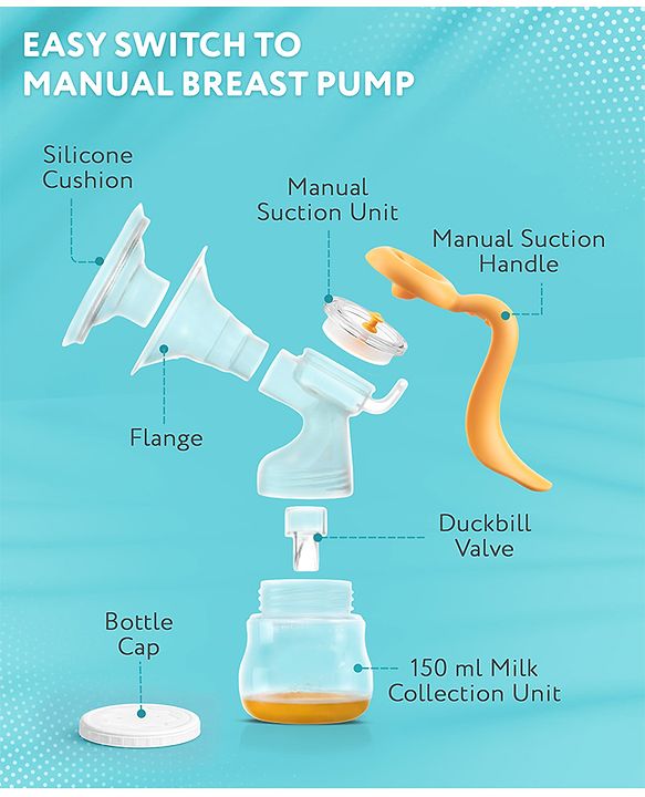Babyhug Portable 2 in 1 Electric & Manual Breast Pump| Last Used Memory| 2 Modes| 9 Levels Each| Rechargeable & Direct Power| Anti Back Flow| Digital LED Touch| Thermosensitive Base