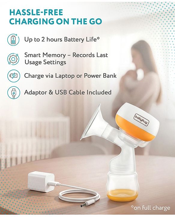 Babyhug Portable 2 in 1 Electric & Manual Breast Pump| Last Used Memory| 2 Modes| 9 Levels Each| Rechargeable & Direct Power| Anti Back Flow| Digital LED Touch| Thermosensitive Base