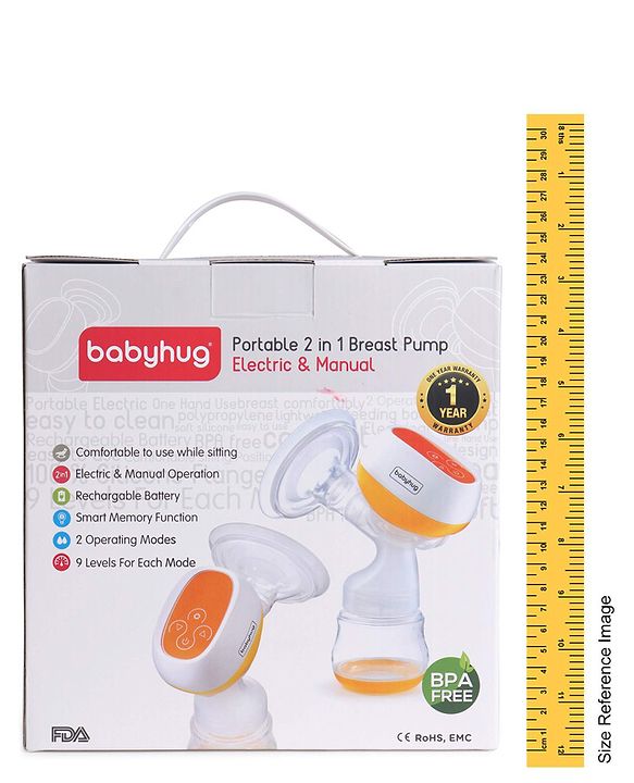 Babyhug Portable 2 in 1 Electric & Manual Breast Pump| Last Used Memory| 2 Modes| 9 Levels Each| Rechargeable & Direct Power| Anti Back Flow| Digital LED Touch| Thermosensitive Base