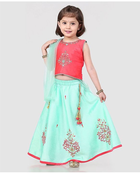 Babyhug Sleeveless Embroidered Choli & Lehenga Set With Dupatta - Peach Mint - 2-3 YRS Peach