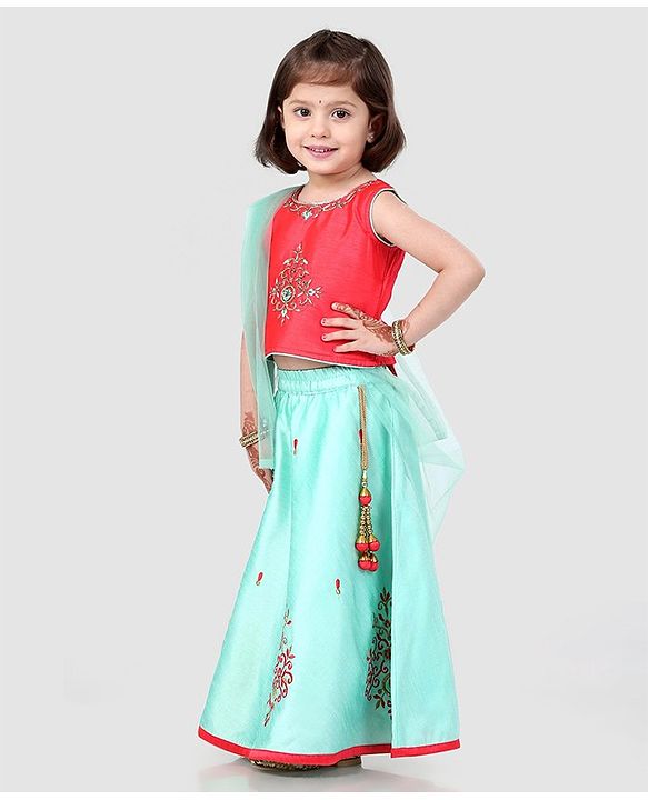 Babyhug Sleeveless Embroidered Choli & Lehenga Set With Dupatta - Peach Mint - 2-3 YRS Peach